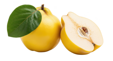 Whole yellow quince fruit with green leaf and halved quince on background image