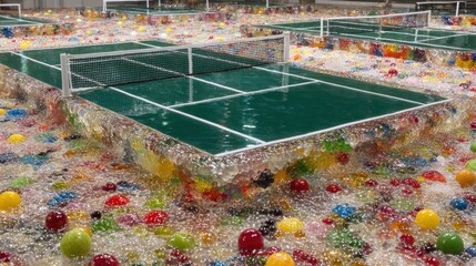 Colorful ping pong tables in a sugary landscape