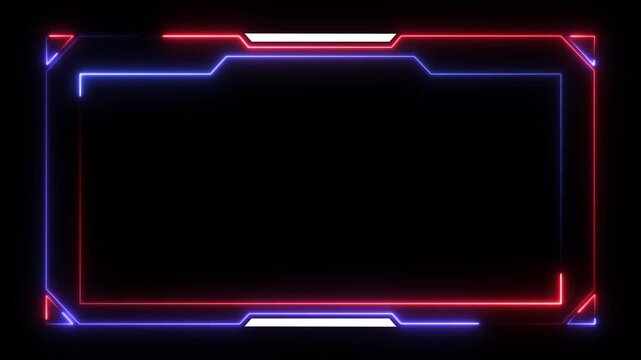 Animation of glowing neon gaming frame abstract background. abstract glowing neon border frame. Rectangle streaming frame with particles overlay, neon red and blue color motion graphic.