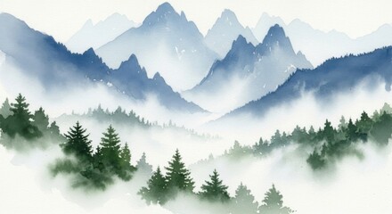Watercolor Mountain Landscape with Foggy Forest and Blue Peaks