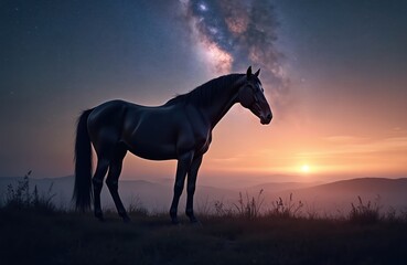 Majestic horse silhouette under starry sky at sunset. Equine stands on the hills, night landscape with milky way galaxy. Beauty, tranquility, freedom, serenity, and the dream atmosphere.