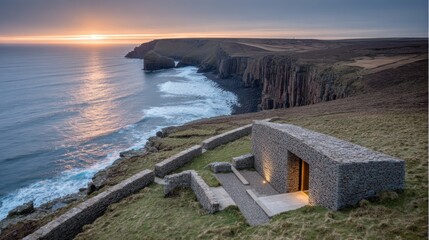Coastal stone structure at sunrise