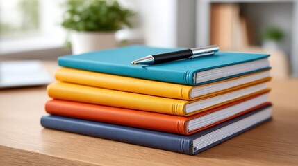 A stack of vibrant notebooks in various colors on a wooden desk, accompanied by a pen. Ideal for office or study settings.