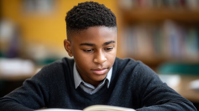 A focused young boy reading a book in a library, surrounded by bookshelves. The atmosphere is calm and studious, ideal for educational themes.