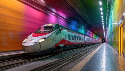 Fototapeta premium High-speed train entering vibrantly lit tunnel, motion blur depicting speed, sleek design, modern infrastructure