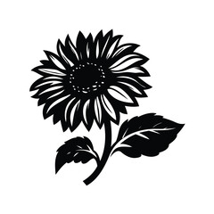 Black and White Sunflower Vector Image with Detailed Petals and Leaves