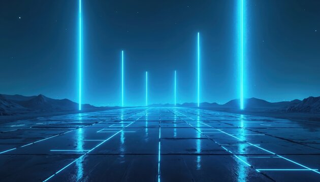 Futuristic cityscape with grid-like pattern of blue lines. Desert-like environment with mountains, deep blue sky and white stars. Digital illustration with flat 2D style, no depth or perspective. - Powered by Adobe