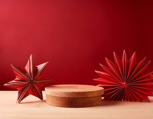 Christmas display concept. Wooden empty podiums on red background with red wooden star shape decorations..Generated image