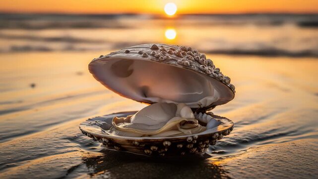 Open Clam Shell on Sandy Beach at Sunset Golden Hour Seashell Photography for Coastal  Nature  and Relaxation Themes