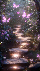 Fototapeta premium Magical Glowing Path Through Enchanted Forest With Pink Butterflies