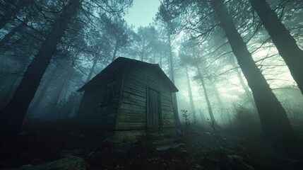 Misty forest cabin