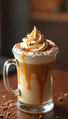 Glass mug of caramel coffee with whipped cream topping, chocolate sprinkles, and caramel drizzle. Creamy dessert beverage perfect cafe menu, coffee shop ad or sweet treat promo.