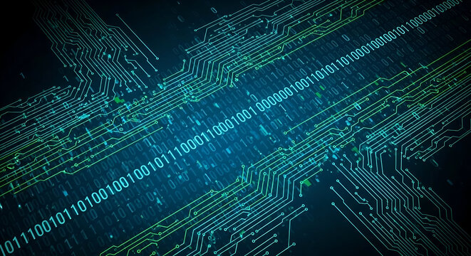Digital technology background with binary code and circuit board pattern design