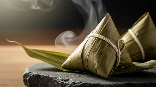 Steaming Zongzi Delicious Traditional Chinese Rice Dumplings Wrapped in Bamboo Leaves  Tied with String  on Dark Stone Surface  Close-up Food Photo...