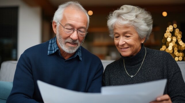 An elderly couple sits together, smiling and reviewing important documents in a cozy home setting, creating a warm and intimate atmosphere.