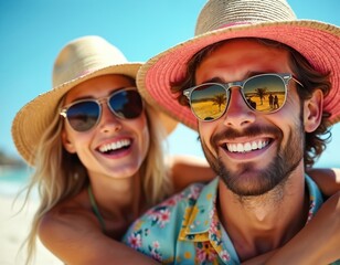 Young couple enjoys summer beach day, smiling, happy, relaxed, playing, piggyback ride, carefree, joyful, sunny, ocean view, sand beach, water, sky, vibrant, lively, energetic, fun, adventurous,