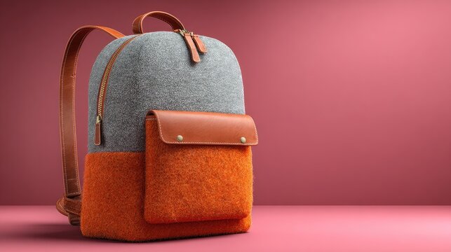 Gray and orange backpack, leather accents