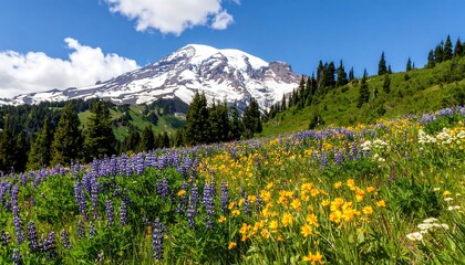 A vibrant meadow of wildflowers blankets a hillside, with a majestic snow-capped mountain as a backdrop.