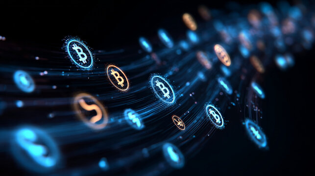 Stream of glowing digital currency icons flowing on dark abstract background. futuristic concept of global finance, network technology, and online payment systems