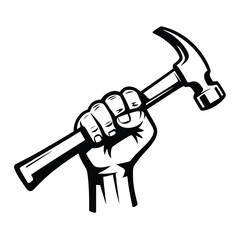 Black and white illustration of a clenched fist holding a hammer
