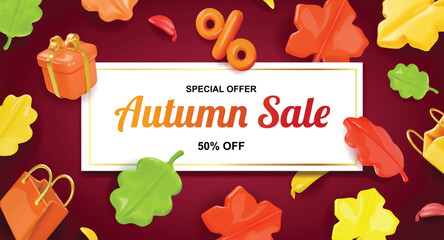 Autumn Sale banner. 3d falling autumnal leaves red, orange, yellow color. Discount Poster with shopping bag, percentage sign.. Vector Illustration