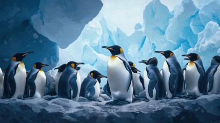 Obraz premium A group of King Penguins stand together on a rocky surface with icy blue formations in the background.