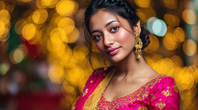 Beautiful young Indian woman in elegant pink ethnic wear with serene smile during festival celebration. Traditional jewelry shines against warm bokeh background light