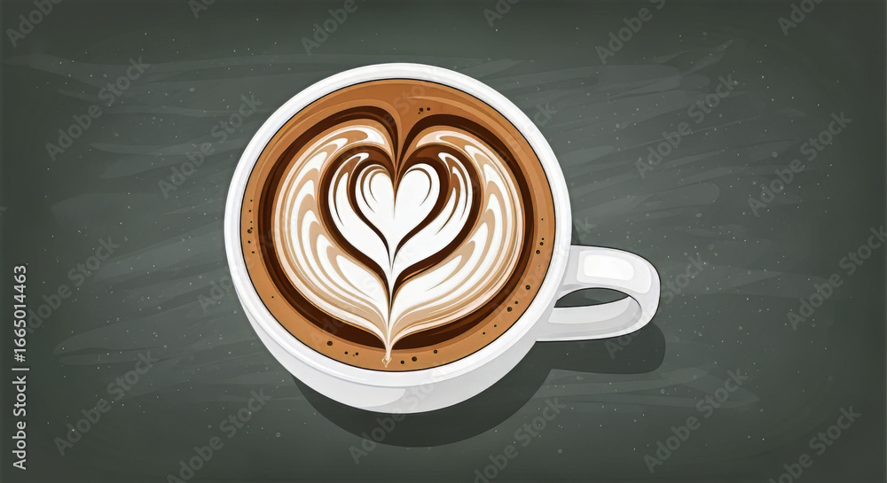 Poster a top down view of a cup of coffee with latte art forming a heart shape on a dark background surface