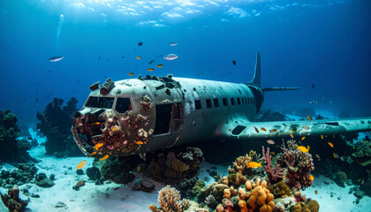 Mysterious airplane wreck underwater on sea floor, covered in colorful coral and surrounded by fish. serene, sunken plane creating peaceful and forgotten mood