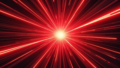 Vibrant red explosion radiates from top left corner of dynamic background. Numerous rays add brightness, striking contrast to black space. Slightly tilted image creates motion, energy, speed effect.