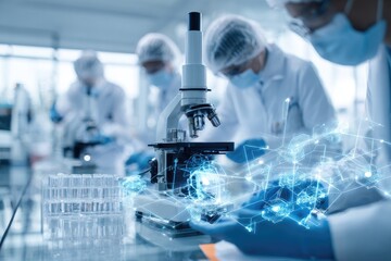 Scientists working in a modern lab with a microscope and digital data overlay