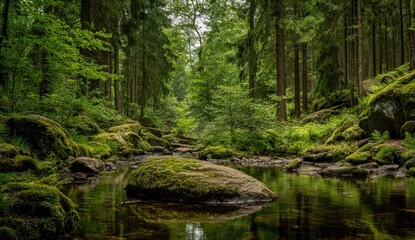 Obraz premium Lush green forest with moss-covered rocks surrounding a calm, reflective stream flowing through a dense woodland
