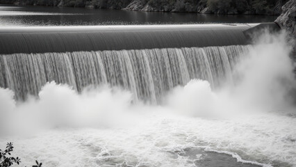 Majestic waterfall cascading over dam, creating misty spray and turbulent water below, surrounded by nature beauty