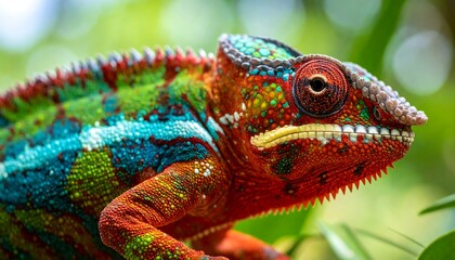 Vibrant Panther Chameleon Close-up in Lush Green Foliage