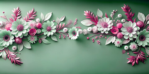 3D paper cut style illustration featuring lush floral arrangement of pink, mint green flowers, leaves on a solid green background, wedding invitations, greeting cards, social media banners, decorative