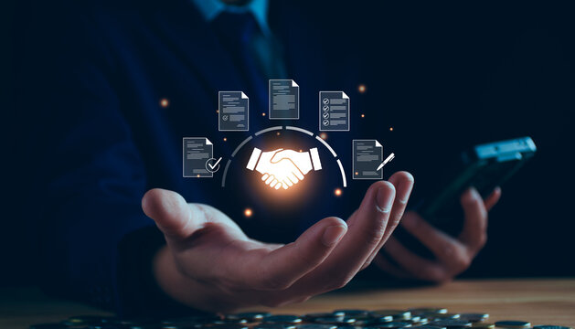 Businessman manage digital procurement process with business contract, invoice, approval documents, representing B2B sourcing, vendor management, supply chain.