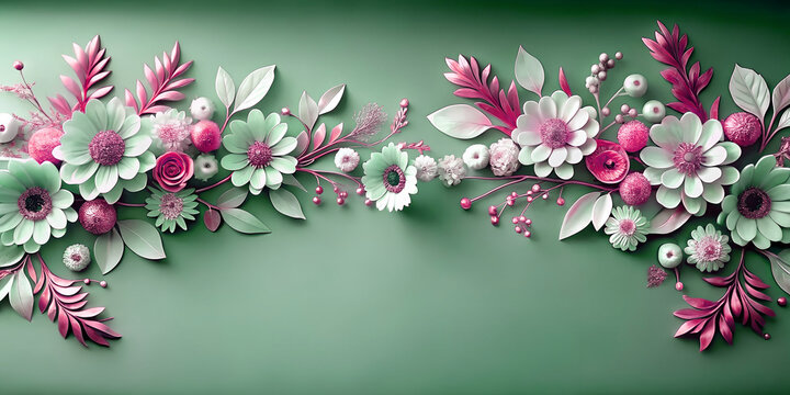 3D paper cut style illustration featuring lush floral arrangement of pink, mint green flowers, leaves on a solid green background, wedding invitations, greeting cards, social media banners, decorative