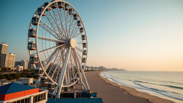 Stunning beach view featuring large Ferris wheel against serene sunrise backdrop, capturing essence of leisure and adventure