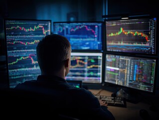 Fototapeta premium Trader in dark room with multiple screens