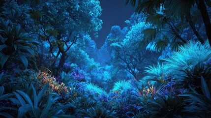 Obraz premium Bioluminescent Night Jungle Path, Tropical Forest, Fantasy Setting, Background, Game Design