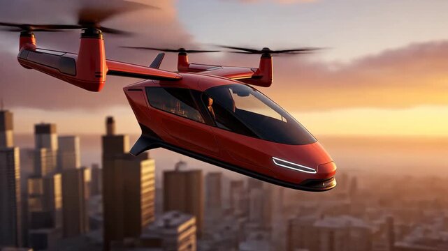 futuristic plane or transport vehicle floating at over urban cybernetic cityscape full of lights and buildings