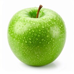 Fresh green apple with water drops isolated on white background, healthy fruit for diet, nutrition, and wellness concept.