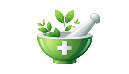 Green herbal medicine logo featuring mortar and pestle isolated on white background