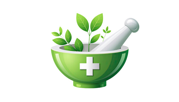 Green herbal medicine logo featuring mortar and pestle isolated on white background