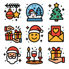 Fototapeta premium Set of Christmas vector icons including Santa Claus, gift box, Christmas tree, candlelight dinner, snow globe, and festive elements. Perfect for holiday, greeting, and celebration designs.