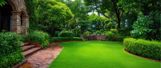 Fototapeta premium Lush green lawn, brick path, stone steps leading to a manicured garden with mature trees and shrubs near a stone building