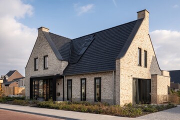 This contemporary residential structure features a striking stone facade and a beautifully sloped roof, situated in a peaceful suburban neighborhood under the bright daylight