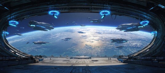 Futuristic space station orbiting Earth with spacecraft