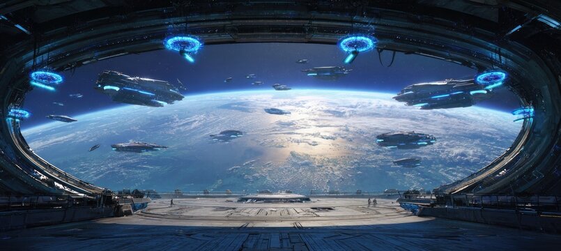 Futuristic space station orbiting Earth with spacecraft