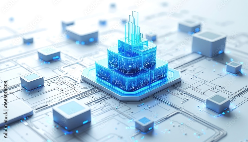 Poster 3d network of interconnected cubes with blue lights in grid pattern. complex system of nodes, lines.